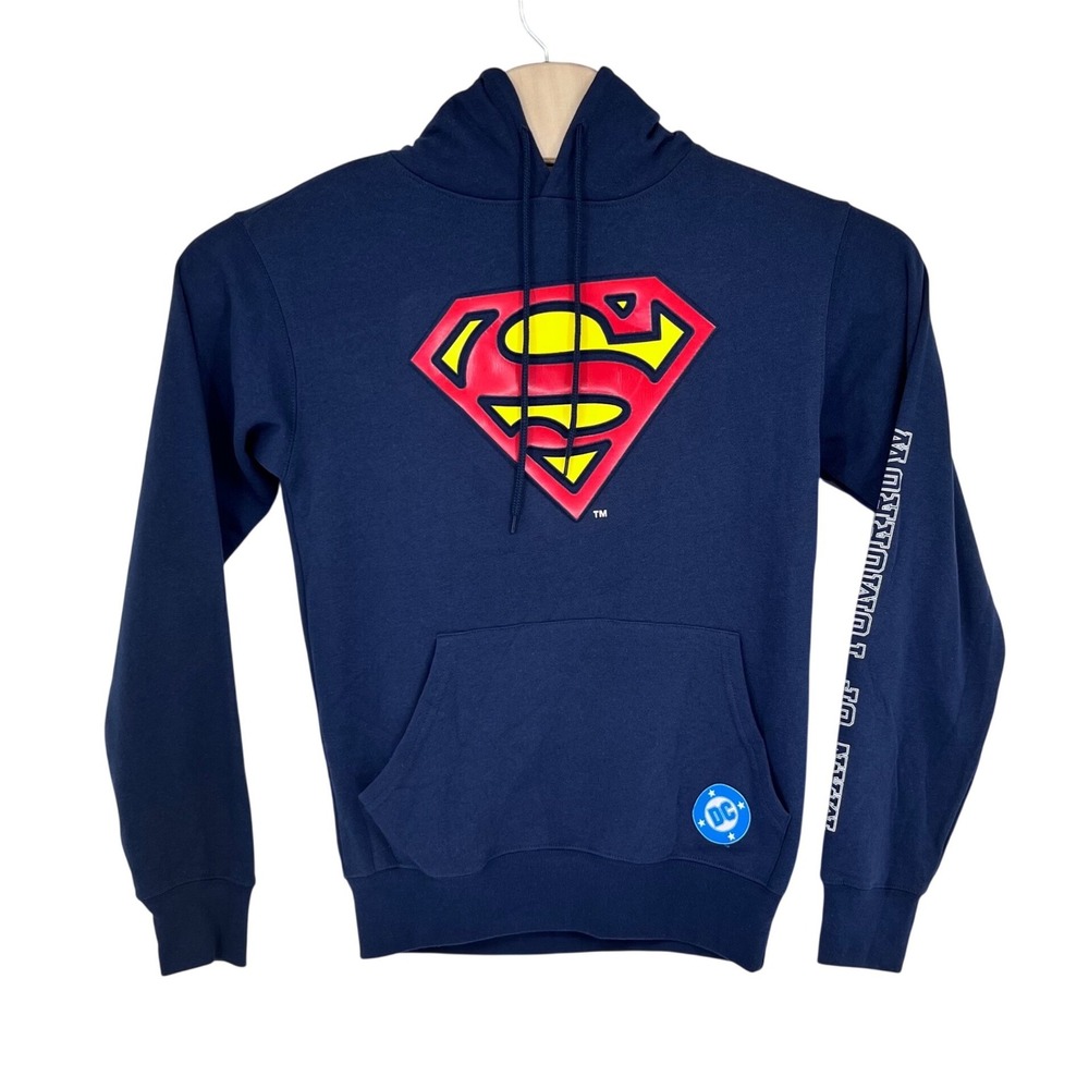 "Man of Tomorrow" DC Comics Superman Hoodie Mens XS Navy Blue Graphic Pullover